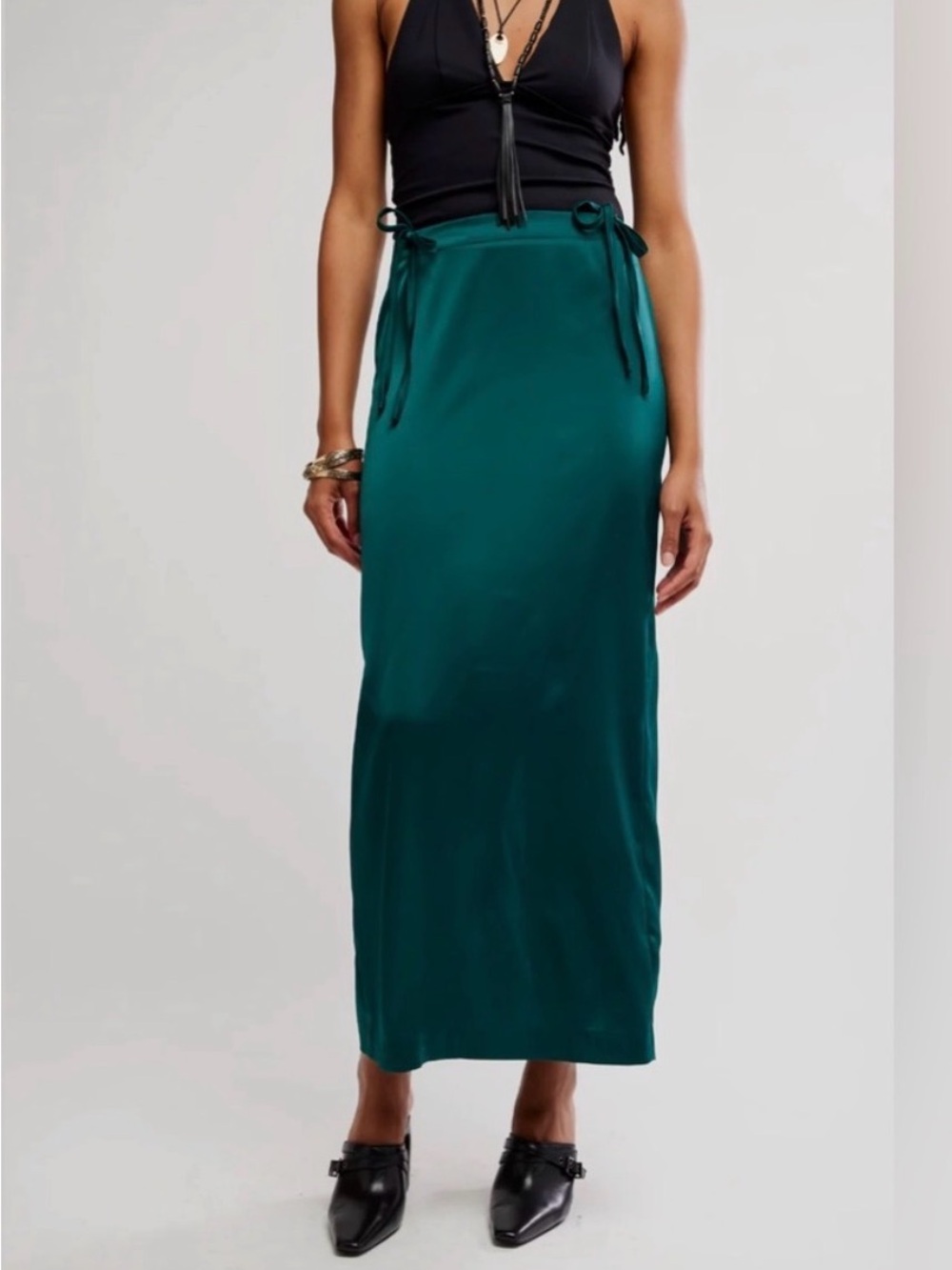 NWT Free People Satin Wrap Maxi Skirt Seamoss Green Size 12